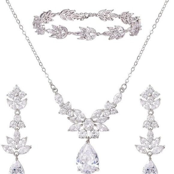 SWEETV Teardrop Wedding Bridal Jewelry Set for Brides Women Bridesmaid, Crystal - Picture 2 of 2